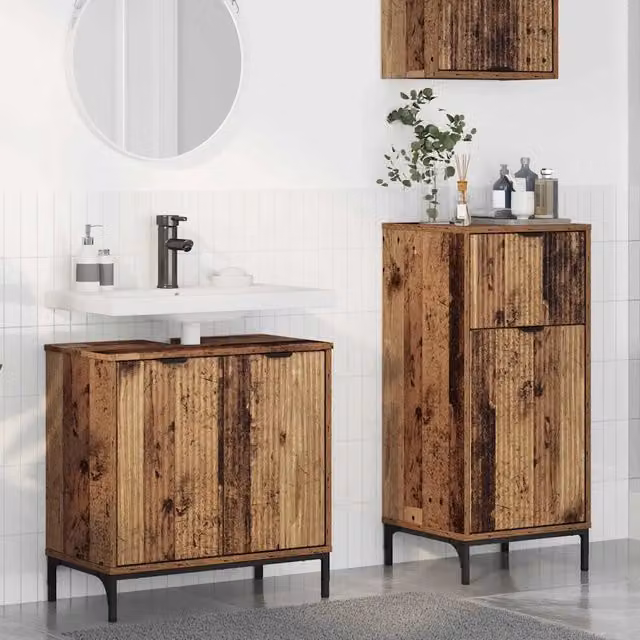 Set di mobili per il bagno moderno vidaXL in legno e metallo marrone composto da 2 pezzi con vanità e ante a cerniera