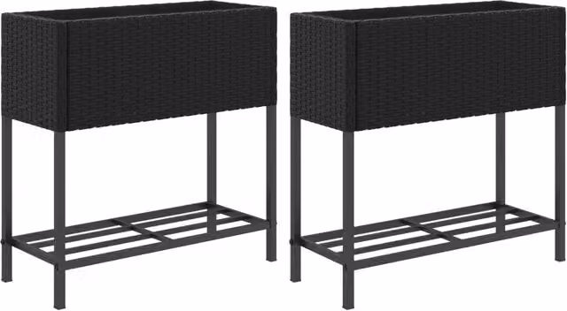Set di 2 fioriere con ripiani in polyrattan nero per giardino e decorazione, H 70 x L 28 x P 70 cm