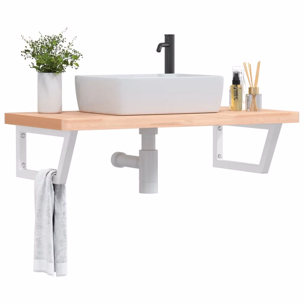 vidaXL Ripiano a Parete per Lavabo in Faggio e Metallo, Bianco e Marrone