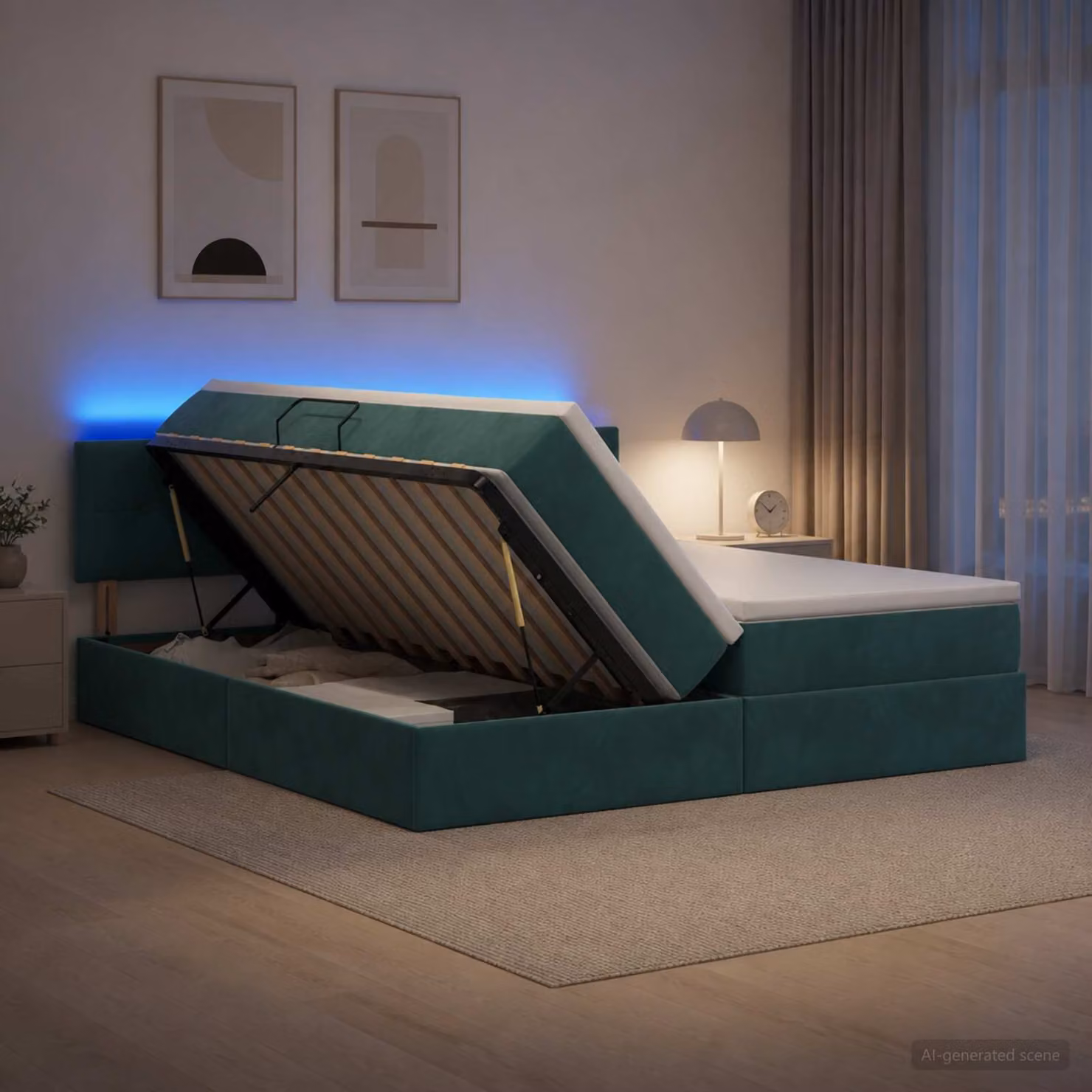Letto con contenitore vidaXL in velluto verde con illuminazione LED, porta USB e materasso a molle, L/P/H: 200 x 200 x 140 cm