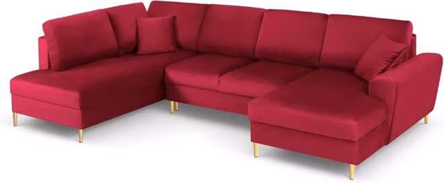 Divano panoramico convertibile Kyoto Cosmopolitan Design con contenitore, 7 posti, velluto rosso e oro, L 313.0 x P 194.0 x H 88.0 cm