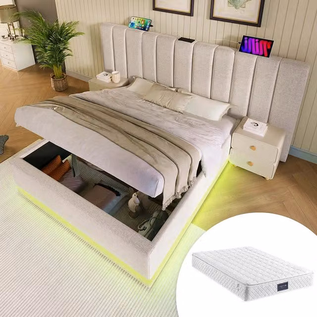 Letto matrimoniale 160x200 - Xylo - Con comando App, LED, USB-C, materasso e cassone