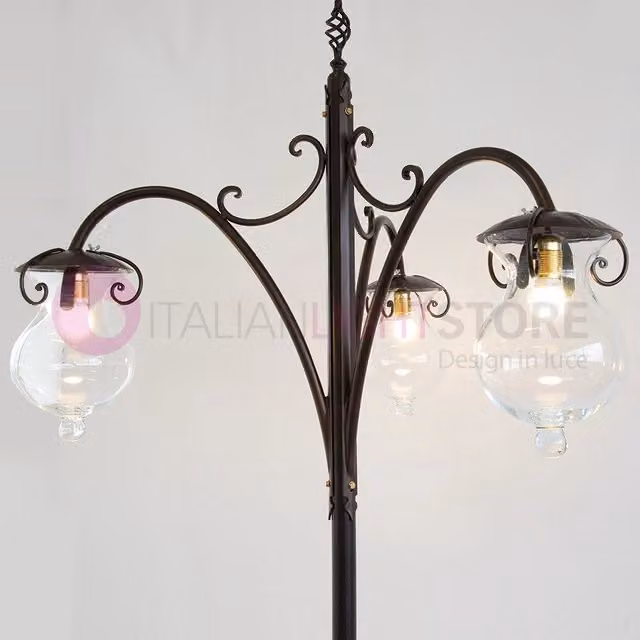 Lampione Rustico GOCCIA Cruccolini in Ferro Battuto con 3 Luci, Colore Nero e Marrone, Altezza: 280 cm