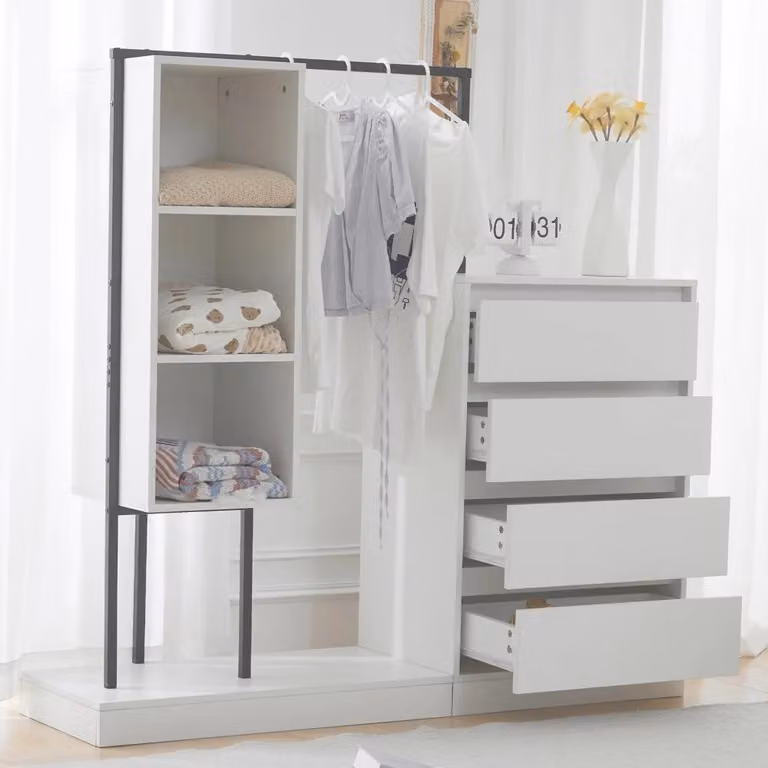Mobili contenitori per la camera da letto - Armadio con cassetti e appendiabiti - Struttura in legno - Pannello truciolare - Dimensioni 140 x 40 x 135 cm - Bianco