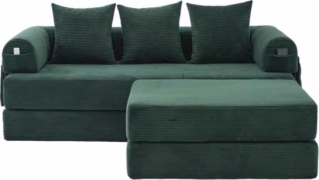 Divano modulare in velluto a coste verde smeraldo con poggiapiedi e struttura metallica robusta, 200x190x67 cm