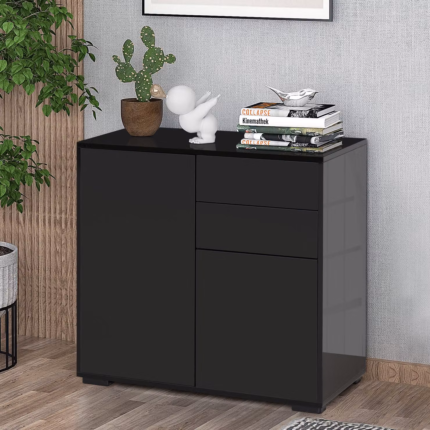Mobiletto Multiuso HOMCOM Nero con 2 Cassetti e 2 Armadietti, Apertura a Pressione, L: 79 cm, P: 36 cm, H: 74 cm – 2