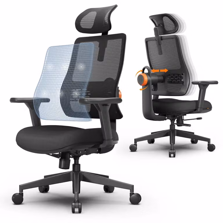 Sedia da ufficio ergonomica: schienale con regolazione automatica, poggiatesta regolabile, profondità della seduta regolabile, supporto lombare adattivo, braccioli 3D, ruote