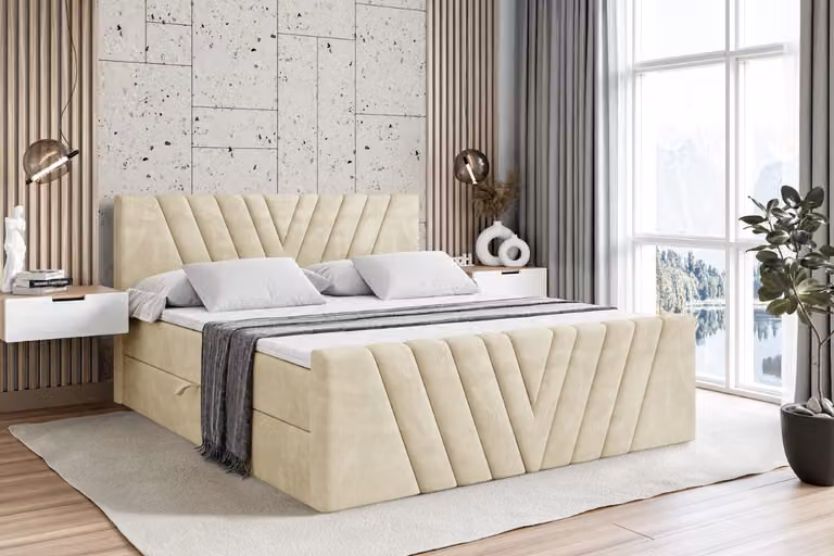 Letto boxspring ALTDECOR con pediera, materasso H4 e topper - 140x200 cm - ERNINA-Z - Velluto beige - Letto imbottito con contenitore e rete a doghe, letto con spazio di stivaggio