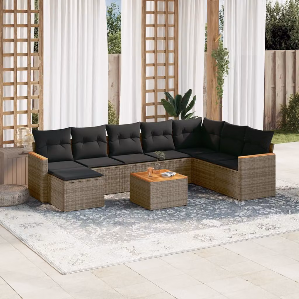 vidaXL Set Divano da Giardino a L 9 pz in Polyrattan Grigio con Cuscini e Tavolino da Esterno – 1