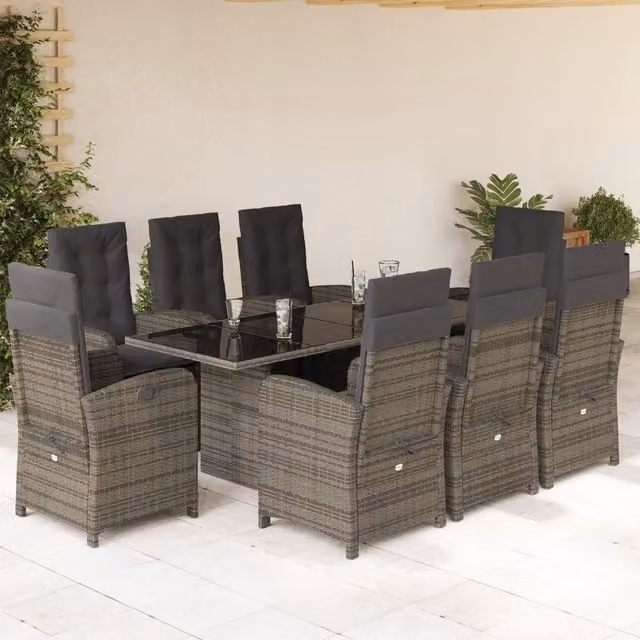 Set da pranzo da giardino vidaXL in polyrattan grigio e nero con tavolo in vetro, 9 pezzi – 1