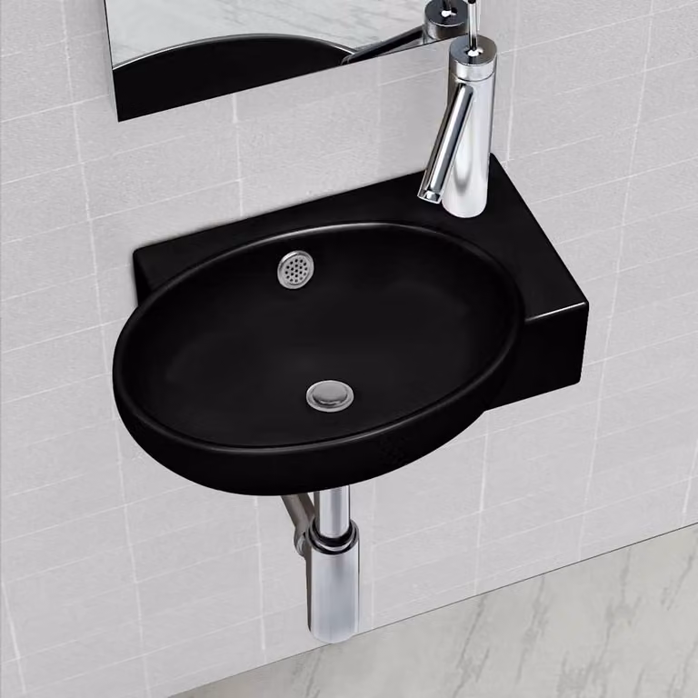 Lavandino rotondo in ceramica nera con foro rubinetto e trabocco vidaXL L/P/H: 41,0 x 28,0 x 12,5 cm