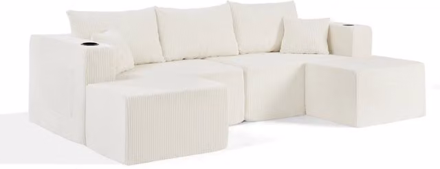 Divano angolare modulare a 3 posti in tessuto di velluto beige con pouf mobili, portabicchieri e tasca laterale