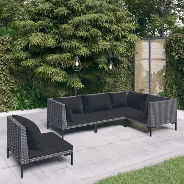 Set di divani da giardino a forma di L con 5 pezzi e cuscini vidaXL in polyrattan grigio scuro e nero con struttura in metallo e coperture rimovibili