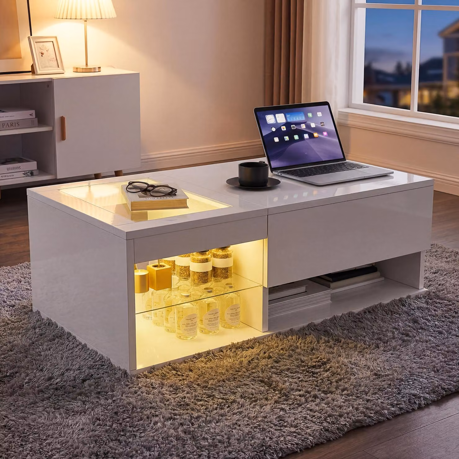 Tavolino Moonbite lucido con illuminazione a LED e piano sollevabile, bianco