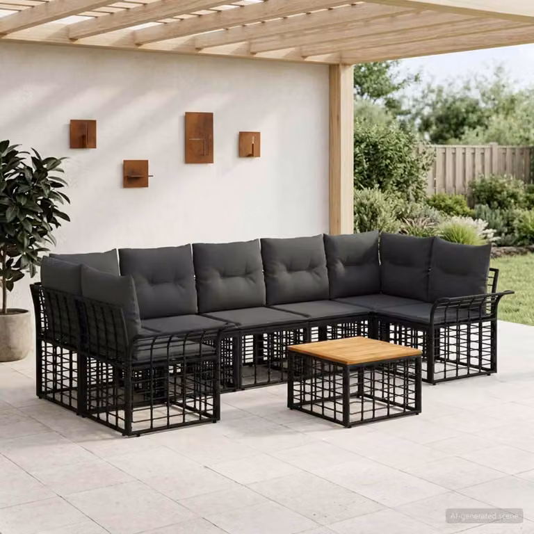 Set di divani da esterno vidaXL 8 pz in polyrattan nero e grigio con tavolo da caffè e cuscini inclusi