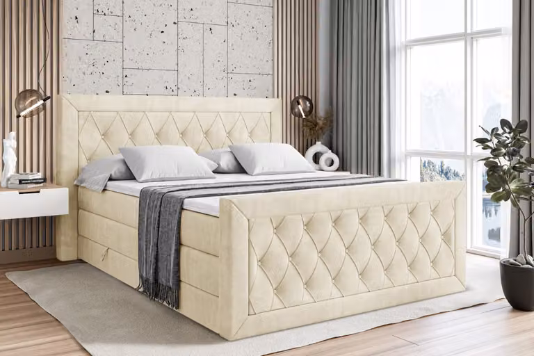 Letto boxspring ALTDECOR con materasso e rete a doghe, topper, pediera, letto imbottito con contenitore, letto con vano portaoggetti, materassi H3 e H4, letto boxspring - NOEL-Z KING - 180x200 - Beige Monolith