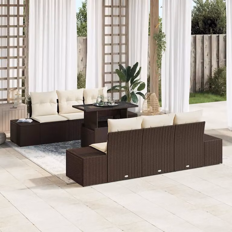 vidaXL Set Divano da Giardino Moderno a L in 7 Pezzi con Cuscini Marrone e Beige
