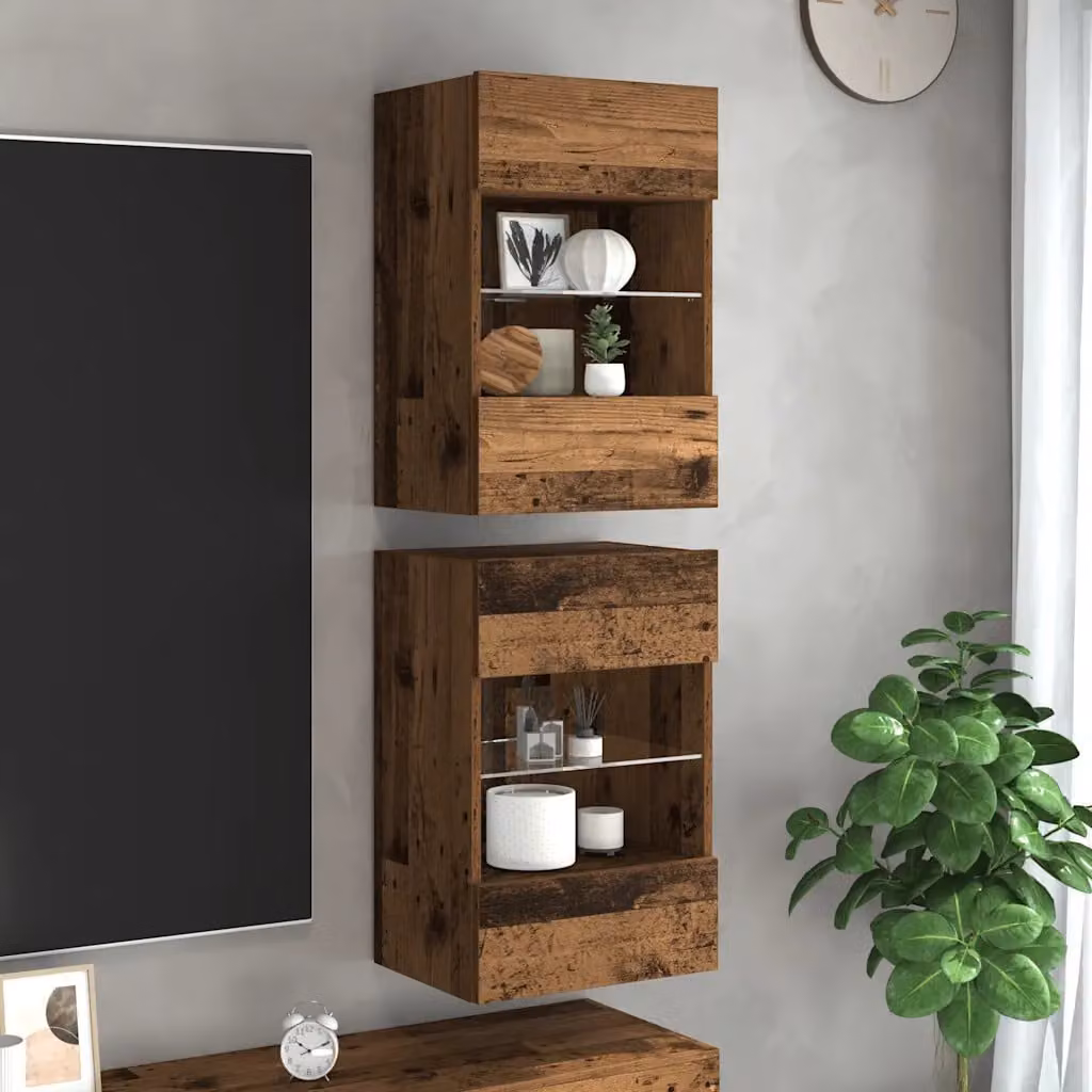 Set di 2 mobili da parete vidaXL con luci LED integrate in legno vecchio marrone L 40 cm, P 30 cm, H 60,5 cm