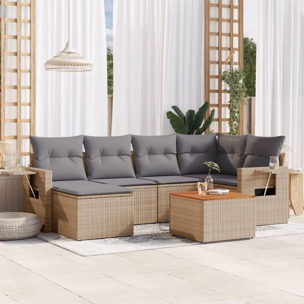 Set di divani da giardino vidaXL in polyrattan beige con 7 pezzi e cuscini imbottiti – 1