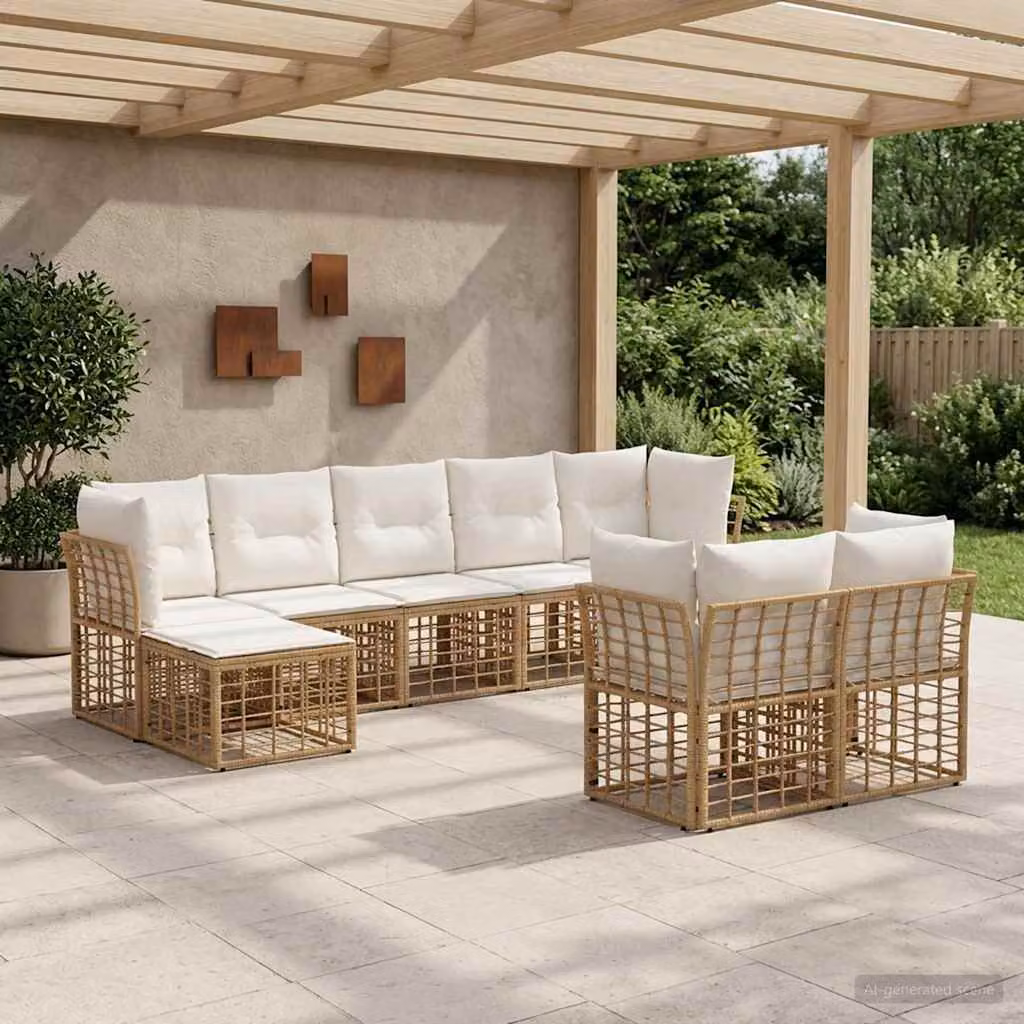 vidaXL Set di divani da esterno 9 posti a forma di L con cuscini, beige e bianco
