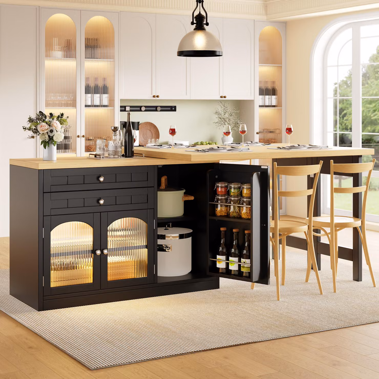 Isola cucina estendibile con piano girevole a 360°, tavolo da cucina con ante in vetro, cassetti e ripiani portaoggetti, tavolo da pranzo 120–194 cm, nero
