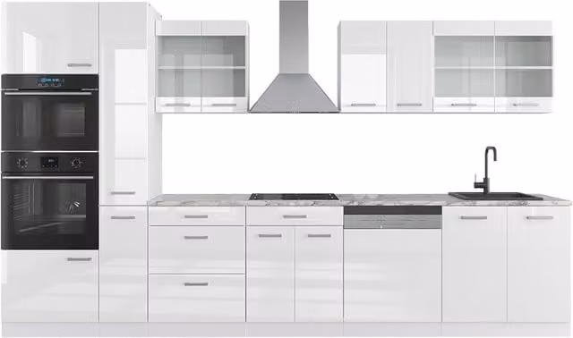 Cucina componibile moderna Vicco R-Line Bianco lucido, larghezza: 350 cm, con armadio alto e ante in vetro, senza piano di lavoro