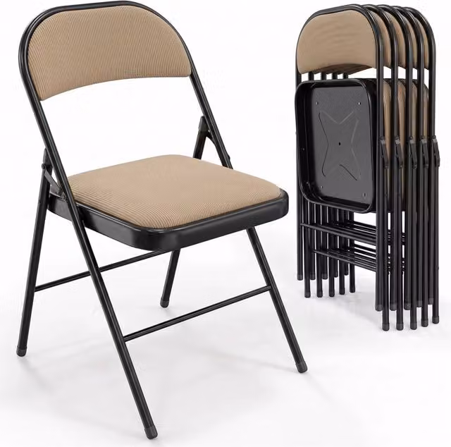 Set di 6 sedie pieghevoli Marvin in metallo con seduta imbottita in tessuto, salvaspazio e impilabili, colore Nero / Beige – 1