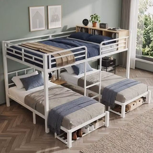 Letto a castello in metallo a 3 posti con scaffale, 140x200/90x200 cm, bianco