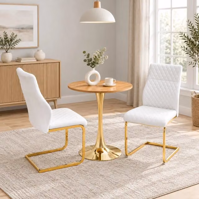 Set Tavolo e Sedie da Pranzo con Tavolo Rotondo 60 cm in MDF e 2 Sedie Bianche con Schienale a Rombo e Struttura in Metallo Oro