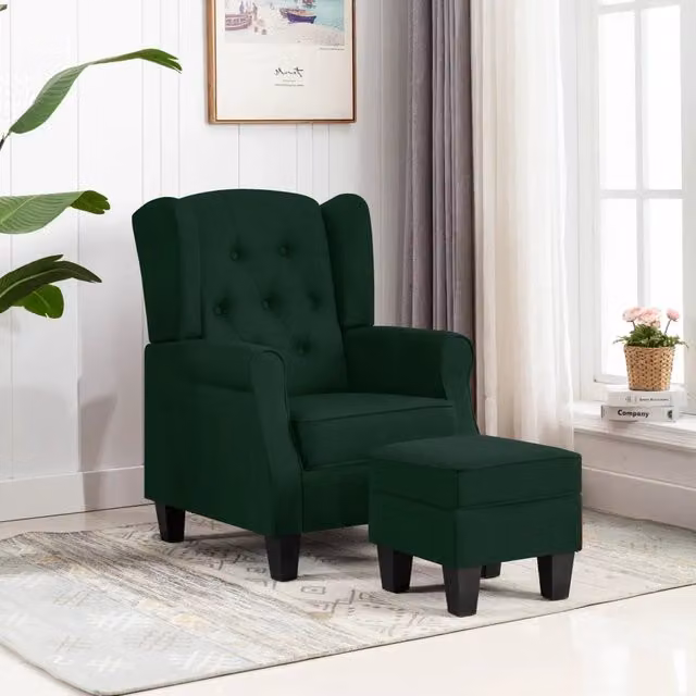 Poltrona con Poggiapiedi Verde Scuro in Tessuto 320157