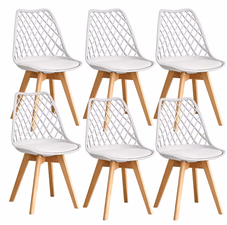 Sedie da pranzo - Set di sedie da pranzo - 6 sedie - Seduta in plastica - Gambe in legno - Schienale in rete - Stile minimalista e moderno - Bianco