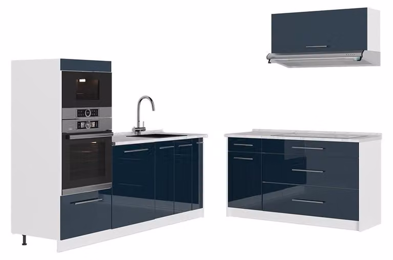 Cucina Vicco Fame-Line Blu scuro lucido/Bianco 340 cm senza piano di lavoro, Model 63933
