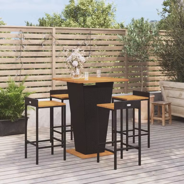 The Living Store Set bar da giardino 5 pezzi in poly rattan nero e legno massiccio di acacia