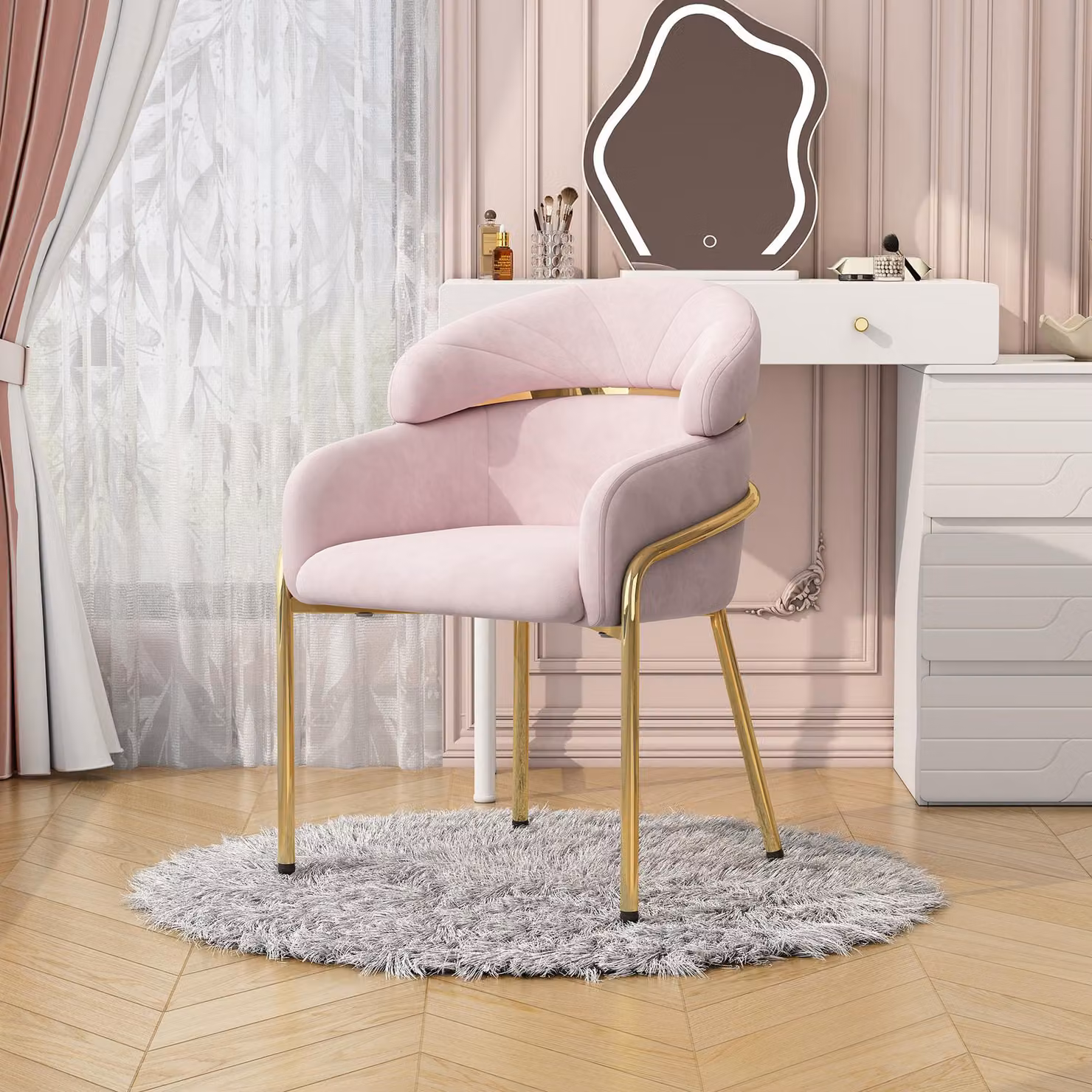Sedia da pranzo, singola, design lussuoso e minimalista, ideale per soggiorno o camera da letto, sedia da relax, con quattro gambe in metallo, rivestita in velluto, colore rosa acceso