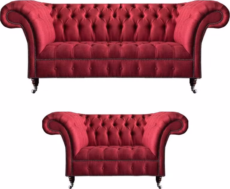 Rosa Chesterfield 3-Sitzer Stilvoller Zweisitzer Wohnzimmer Textil Set
