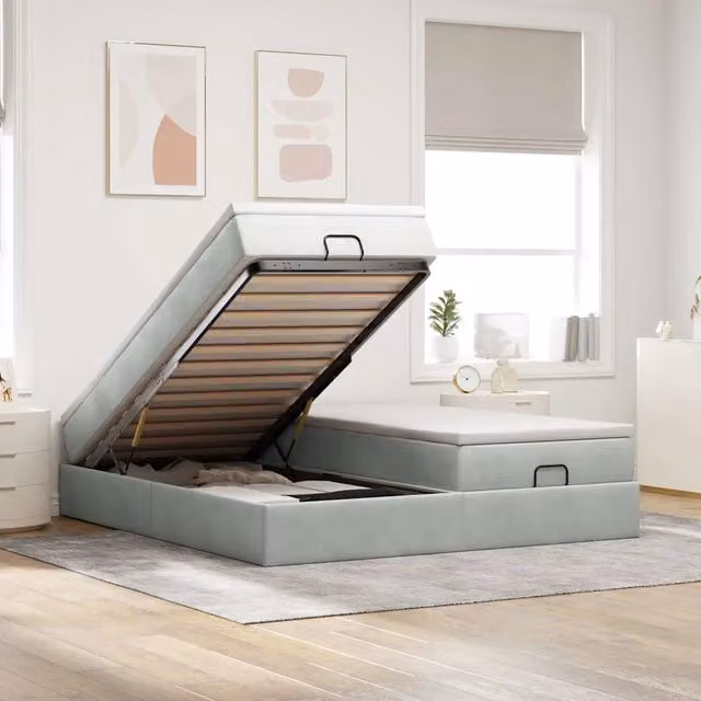 Letto con contenitore a sollevamento vidaXL in velluto grigio e bianco con materasso 160x200 cm, H: 120 cm, L: 280 cm, P: 203 cm