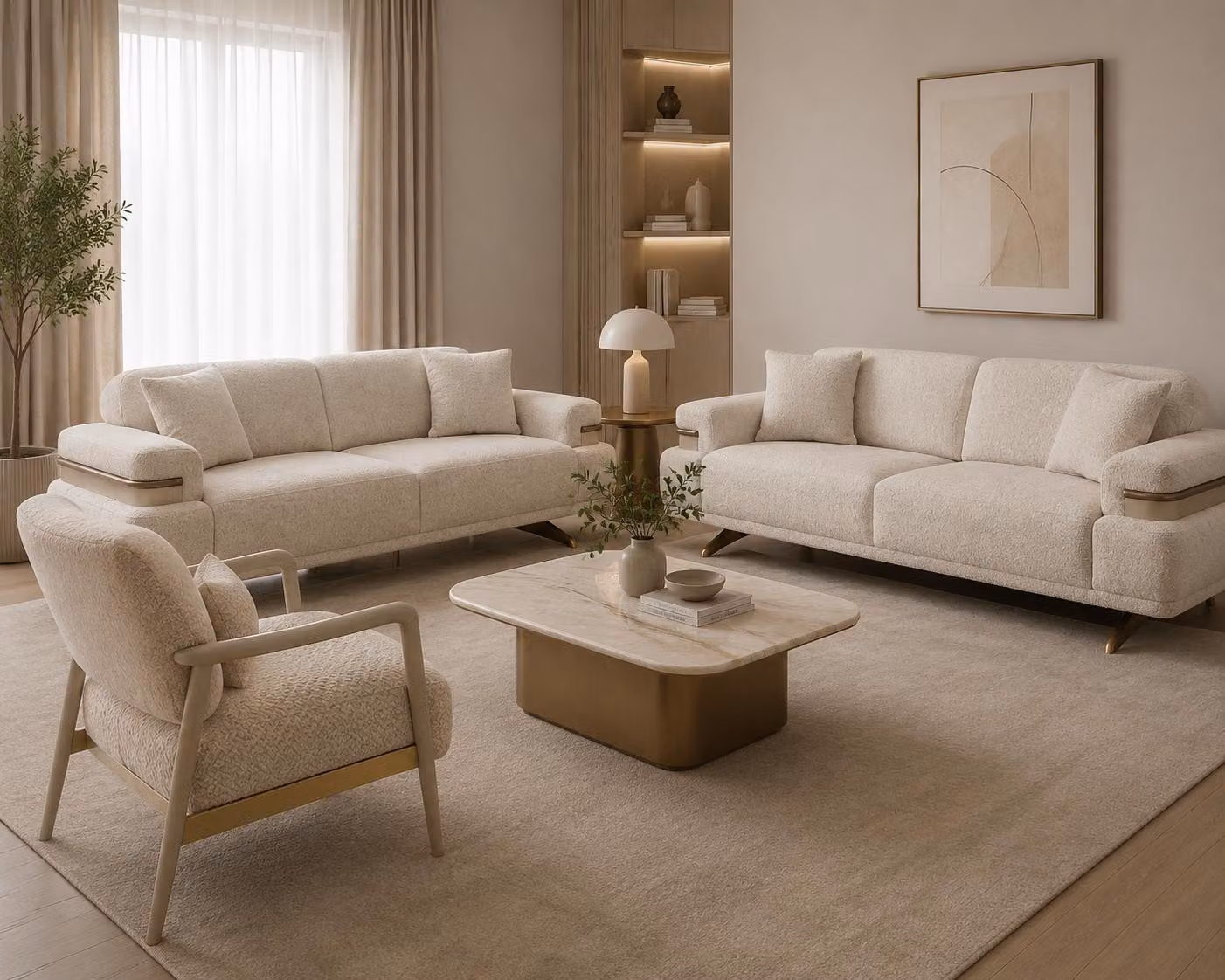 Set per soggiorno: 2 divani a 3 posti, 1 poltrona. Stile moderno, colore beige, pratico