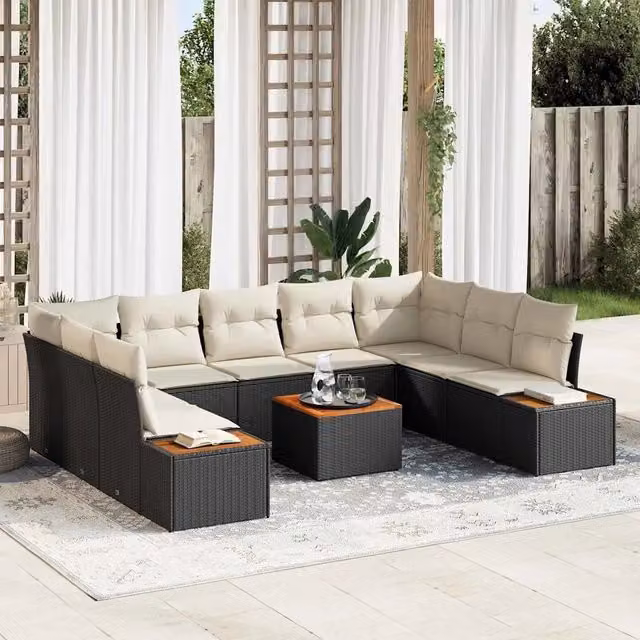 Set Divano da Giardino vidaXL a 9 posti a forma di U in metallo e tessuto, Colore Nero e Beige