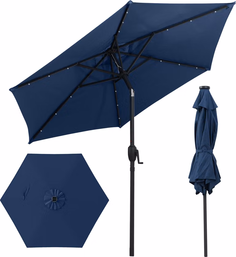 COSTWAY ombrellone da giardino 230cm con illuminazione solare a LED, manovella e 6 nervature, può essere piegato di 35° su entrambi i lati ombrellone da patio ombrellone da mercato marino