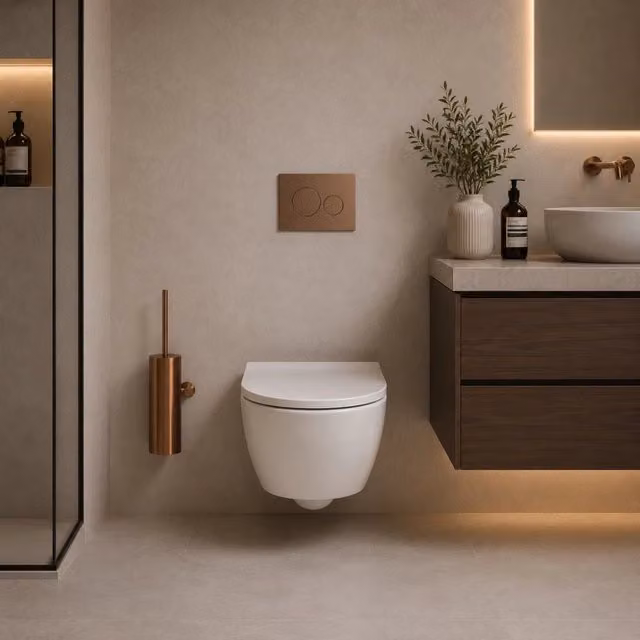 Porta scopino SINED modello LEVANTE in acciaio inox 316L con spazzola, finitura oro rosa, da parete