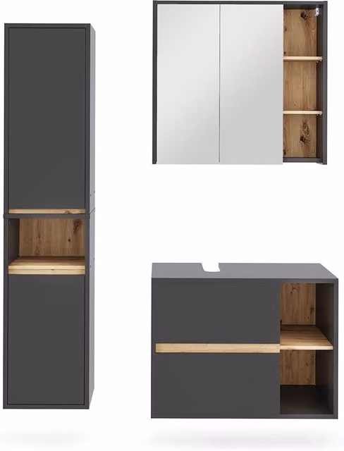 Set di mobili da bagno Viola Grigio/Rovere artigianale 3 pezzi Vicco