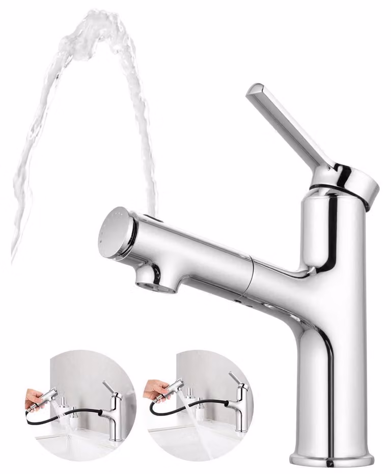 Miscelatore per lavabo con doccetta estraibile, 3 modalità di flusso dell'acqua, miscelatore monocomando, finitura cromata lucida