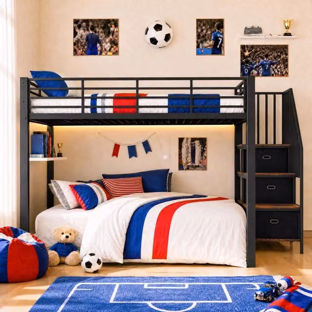 Letto a castello 140x200 cm in metallo e MDF con scala contenitore; LED e prese; nero