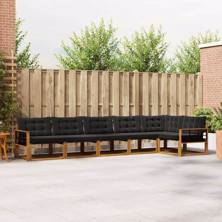 Set di divani da esterno a L vidaXL in legno di acacia con cuscini beige e nero, composto da 6 pezzi per giardino e terrazza