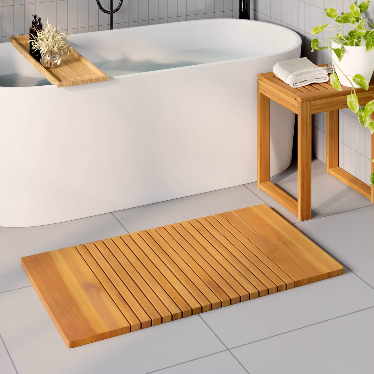 vidaXL Tappeto da bagno in legno di acacia massello marrone L: 100 cm, P: 55 cm