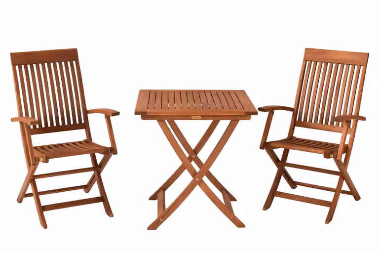 Set di mobili da giardino Merxx Comodoro 3 pezzi, 2 poltrone pieghevoli, 1 tavolo pieghevole 70 x 70 cm - Eucalipto
