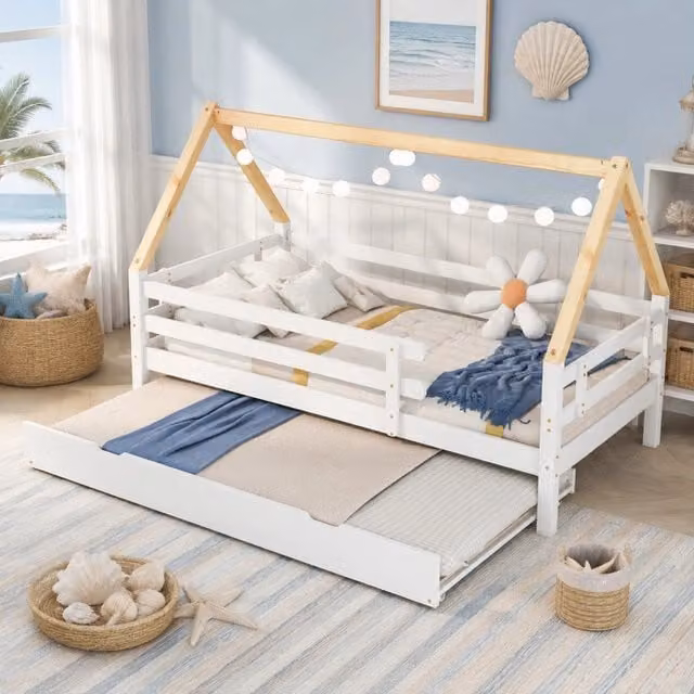 Letto a castello per bambini con sponda di sicurezza, struttura in legno di pino bianco e naturale, lettino estraibile con ruote 90x200 & 90x190 cm