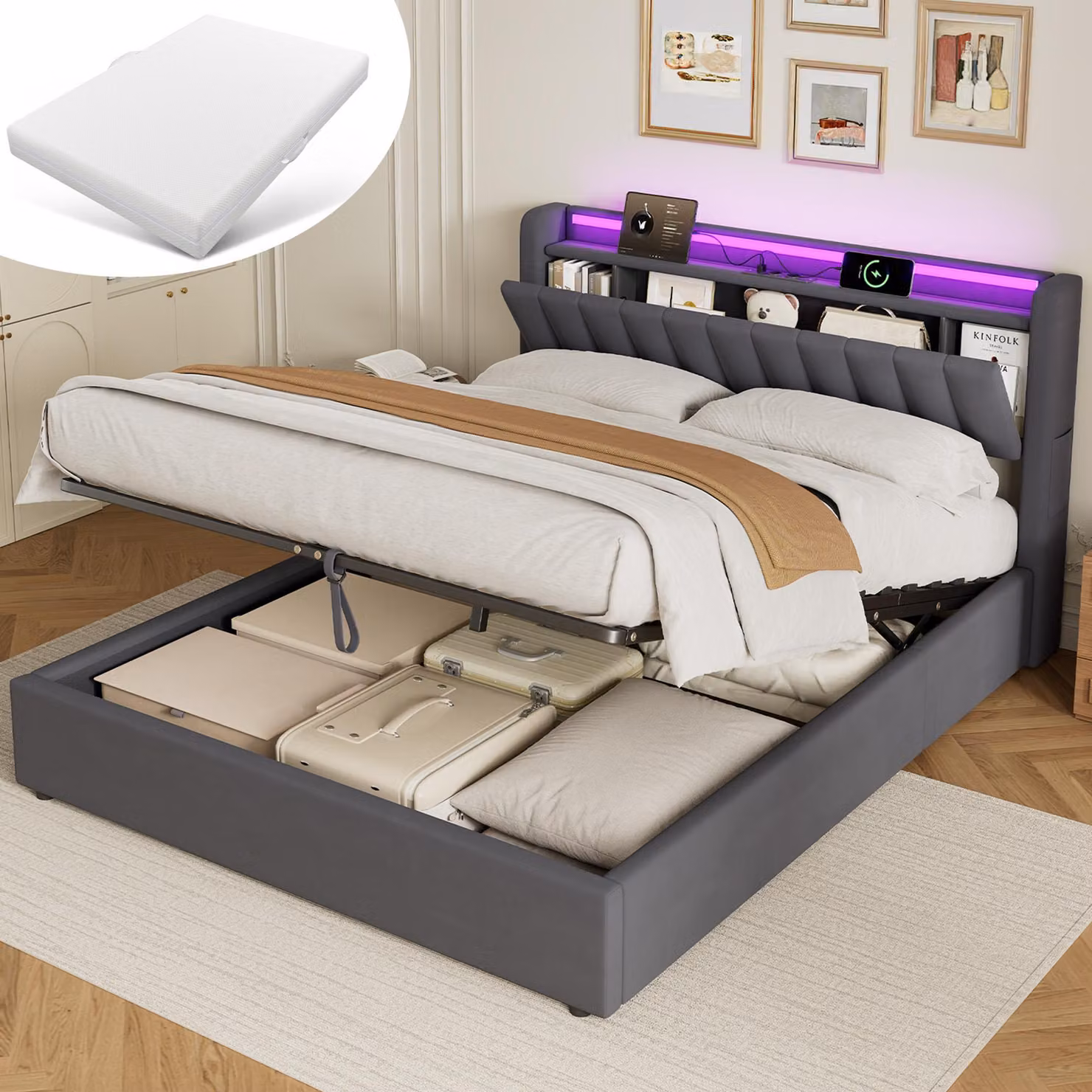 Letto imbottito MODFU 160 x 200, letto per ragazzi con materasso, luce a LED e prese elettriche, rete boxspring con contenitore, letto con spazio contenitivo, grigio