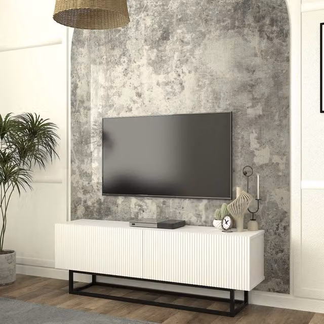 Mobile Porta TV Verpsboga en.casa con 2 Ante Decorative e Telaio in Metallo, Bianco, L 135 cm x P 31,5 cm x H 46,5 cm