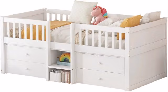 Letto a soppalco Tynqer per bambini in pino bianco con 4 cassetti, barriere e scala, L/P/H: 200 x 90 x 170 cm